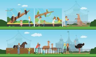 People Visiting the Zoo and Watching and Photographing Different Wild Animals and Birds at Excursion Illustration vector