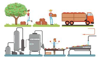 Juice Production Process, Apples Harvesting, Washing, Sorting, Crushing Automated Line Illustration vector