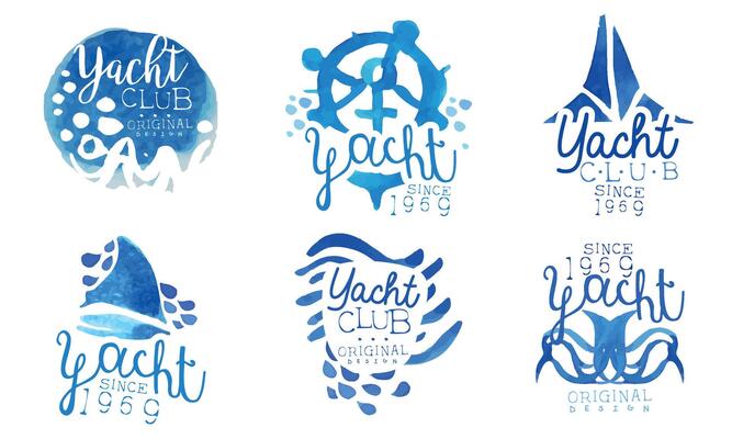 Yacht Club Logo Collection, Sailing Sports Blue Watercolor Hand Drawn Retro Badges Original Design Illustration