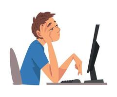 Bored Man Working with Computer, Lazy Male Employee Procrastinating at Workplace Illustration vector