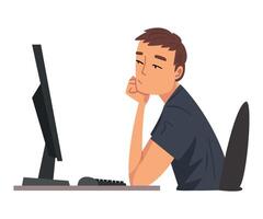 Bored Employee Man Working with Computer, Lazy Clerk Procrastinating at Workplace, Unmotivated or Unproductive Worker Character Illustration vector
