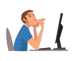 Young Man Being Bored with His Job, Lazy Employee Working with Computer Procrastinating at Workplace, Unmotivated or Unproductive Worker Character, Side View Illustration vector