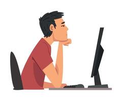 Bored Man Working with Computer, Lazy Guy Procrastinating at Workplace, Unmotivated or Unproductive Worker Character Illustration vector