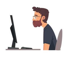 Man Being Bored with His Job, Lazy Employee Working with Computer Procrastinating at Workplace, Unmotivated or Unproductive Worker Character, Side View Illustration vector