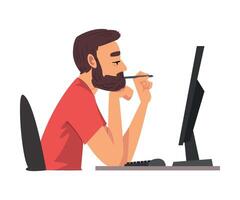 Bored Man Working with Computer, Lazy Guy Procrastinating at Workplace, Unmotivated or Unproductive Worker Character, Side View Illustration vector