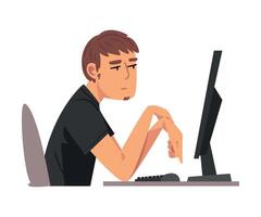Bored Employee Man Working with Computer, Lazy Male Clerke, Unmotivated or Unproductive Worker Character, Side View Illustration vector