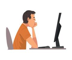 Bored Man Working with Computer, Lazy Male Employee Sitting at Office Desk, Side View Illustration vector