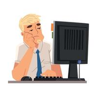 Bored Businessman Employee Man Working with Computer, Unmotivated or Unproductive Manager Character Illustration vector
