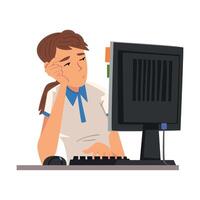Bored Man Working with Computer, Lazy Male Employee Procrastinating at Workplace, Unmotivated or Unproductive Manager Character Illustration vector
