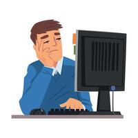 Man Being Bored with His Job, Lazy Businessman Working with Computer Procrastinating at Workplace, Unmotivated or Unproductive Manager Illustration vector