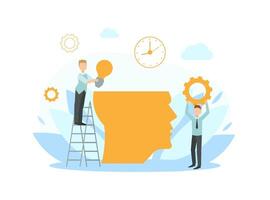 Tiny Business People Working Together Putting Ideas in Human Head, Creative Ideas, Collaborating, Solving Problems, Brainstorming Illustration vector