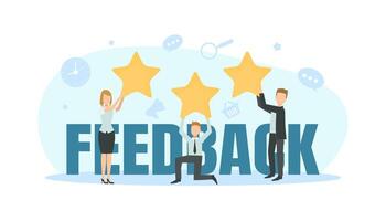 Tiny People Evaluating Product or Service, Clients with Stars Standing Near to Big Feedback Word Illustration vector