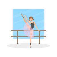 Graceful Ballerina Dancer Doing Exercises at Barre in Dance Hall Illustration vector