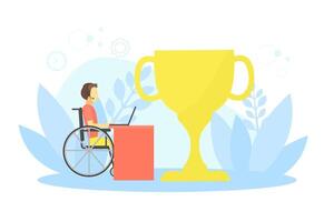 Man Sitting in Wheelchair and Working at Computer, Disabled Person Sitting Next Winner Cup Illustration vector