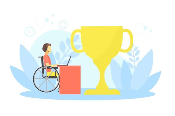 Man Sitting in Wheelchair and Working at Computer, Disabled Person Sitting Next Winner Cup Illustration