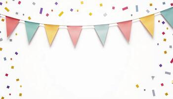 Colorful party bunting and confetti on a white background, ideal for festive and celebratory themes photo