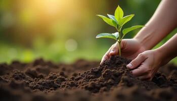 Close-up of hands planting a small tree in fertile soil, concept of reforestation and climate action, high detail, warm lighting photo
