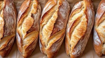 Freshly baked artisan baguettes with a golden crust and rustic texture, perfect for culinary and bakery themes photo