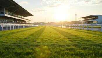 Sunlit racecourse with green grass, empty stands, and clear sky, perfect for sports events or outdoor activities photo