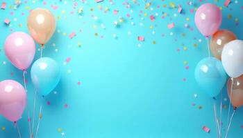 Colorful balloons and confetti on a blue background, ideal for parties, celebrations, and festive occasions photo