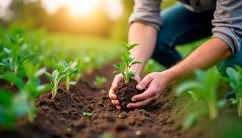 Farmer planting young seedling in soil at sunrise in a green field photo