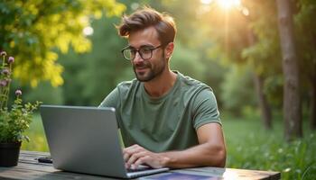 Eco-conscious freelancer working remotely in nature, laptop on solar-powered desk, green outdoor workspace, sustainability concept photo