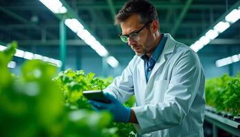 Scientist in a lab coat examining plants with a tablet in a modern greenhouse photo