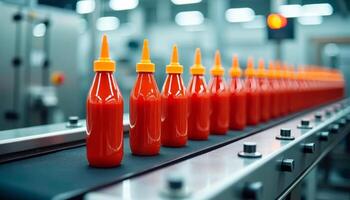 Red sauce bottles with yellow caps on a conveyor belt in a modern automated factory, primed for packaging photo
