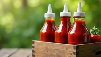 Bottles of tomato sauce in a wooden crate surrounded by fresh tomatoes and green leaves, showcasing natural ingredients photo