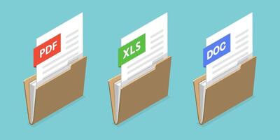 3D Isometric Flat Icon of Doc, Pdf, Xls Documents, Set of Paper Folders vector
