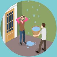 3D Isometric Flat Conceptual Illustration of Roof Leak, Drops of Water are Dripping From Ceiling into a Bucket vector