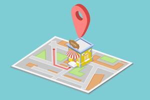 3D Isometric Flat Icon of Store Location, GPS Navigating and Online Shop Search vector