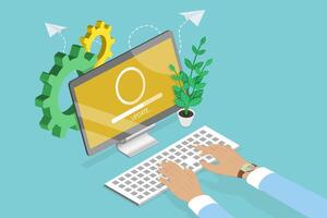 3D Isometric Flat Conceptual Illustration of Computer Update, Software Loading or Installation Process vector