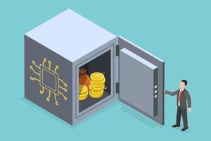 3D Isometric Flat Conceptual Illustration of Digital Asset Security, Cryptocurrency Safe Storage vector
