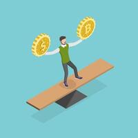 3D Isometric Flat Conceptual Illustration of Balancing Crypto Risks, Cryptocurrency Value Measurement vector