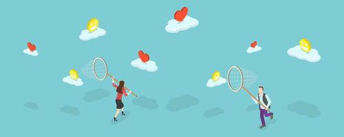 3D Isometric Flat Conceptual Illustration of Chasing For Passion, Searching for Relationship vector