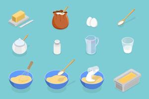 3D Isometric Flat Conceptual Illustration of Baking Elements Set, Preparation Dough for Pastry vector