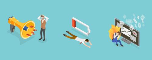3D Isometric Flat Conceptual Illustration of Lowering Work Efficiency or Burnout, Overworked Employees vector