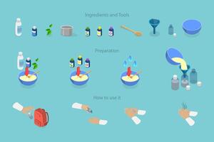 3D Isometric Flat Conceptual Illustration of Homemade Hand Sanitizer, Ingredients, Procedure and Guide How to Use vector