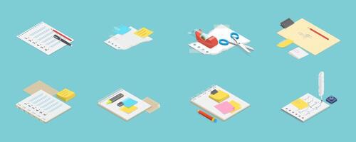 3D Isometric Flat Set of Notes and Paper Stationeries, Organizers for Making Writing Notes vector