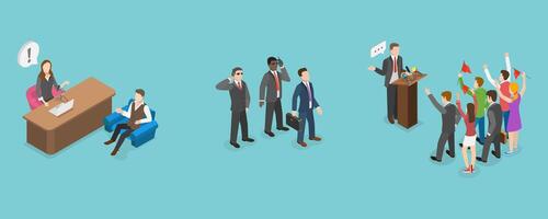 3D Isometric Flat Set of Scenes with Politicians, Press Conference or Interview vector