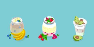 3D Isometric Flat Set of Overnight Puddings, Oats with Fresh Strawberries, Blueberries vector