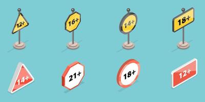 3D Isometric Flat Set of Sensitive Content Signs, Under Age Content vector