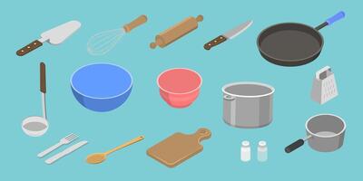 3D Isometric Flat Set of Kitchen Utensils, Objects for Eating and Food Preparation vector