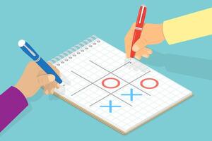 3D Isometric Flat Conceptual Illustration of Tic-tac-toe Playing, Game to Play with Friends at Home vector