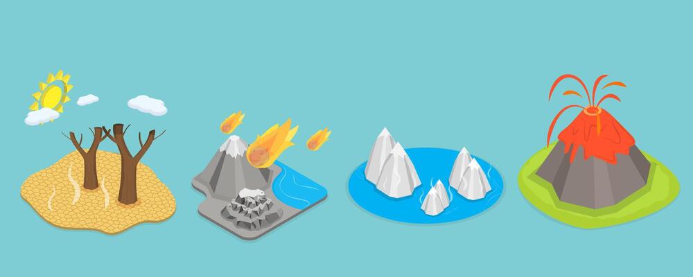 3D Isometric Flat Conceptual Illustration of Global Warming, Drought, Volcano Eruption, Polar Ice Melting, Natural Disasters