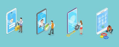 3D Isometric Flat Conceptual Illustration of Biometrics Identification and Verification, Cyber Security Technologies vector