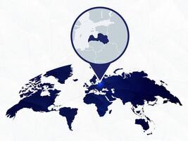 Latvia detailed map highlighted on blue rounded World Map. vector