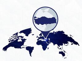 Turkey detailed map highlighted on blue rounded World Map. vector