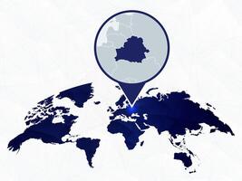 Belarus detailed map highlighted on blue rounded World Map. vector